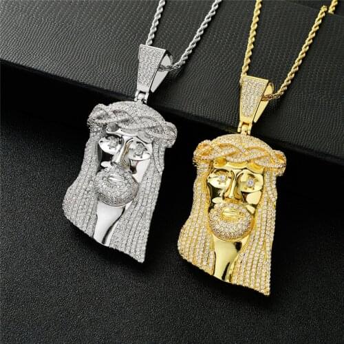 New Charm Punk Iced Jesus Christ Portrait Pendant Necklace Hip Hop Micro Pave Zircon Religious Jewelry with 24 Inch Rope Chain