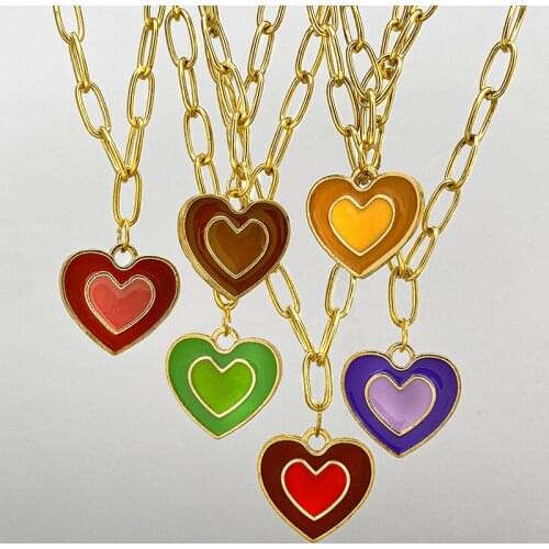 Double Layer Heart Enamel Choker Necklace For Women 2021 Colorful Pendant Necklaces Chain Korean Fashion Jewelry Couple Jewelry