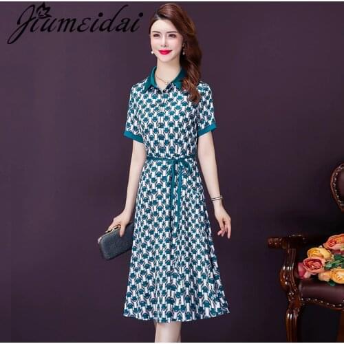 JiuMeiDai Women Summer Elegant A-Line Dress Office Lady Print Party Robe Femme Vintage Designer Sexy Casual Clothing Plus Size