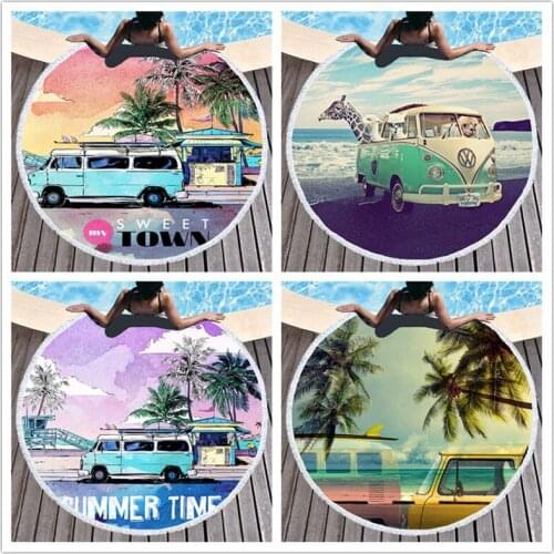 Beach Towel Hanging Wall Tapestry Seaside Scenic Yoga Beach Surf Palm Trees Car Bus Print Hippie Boho Mural