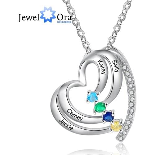 JewelOra Personalized Engraving 4 Names Mother Necklace Custom 12 Color Birthstone Family Heart Pendant Necklace Christmas Gifts
