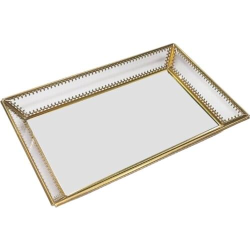 Rectangle Gold Mirror Jewelry Organizer Tray Glass Metal Makeup for Bathroom