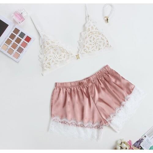 Sexy Floral Lace lingerie set Bra Top Panty Embroidery Bralette Satin Shorts underwear Sleepwear Women Pajama Set Cute Pijamas