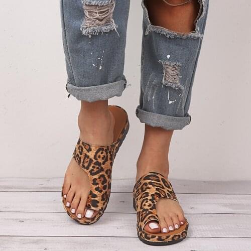 Bomlight Size 43 Women Comfy Plain Shoes Flat Platform Ladies Casual Big Toe Foot Correction Sandals PU Leopard Roman Flip Flop