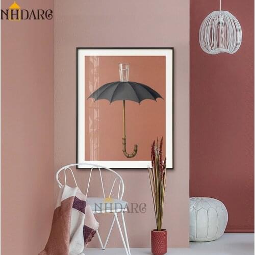 Surrealism Magritte Umbrella Water Glass Still Life Posters and Prints Canvas Art Painting Wall Pictures for Living Room Hallway