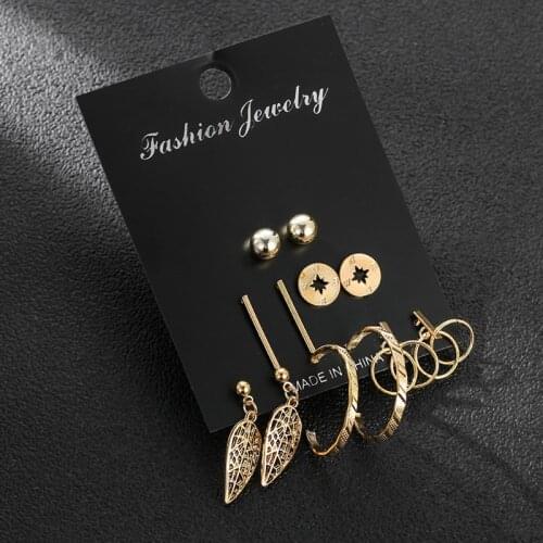 Vintage Punk Gold Color Leaves Geometric Metal Statement Mixed Stud Earrings Set For Women New Brincos Jewelry