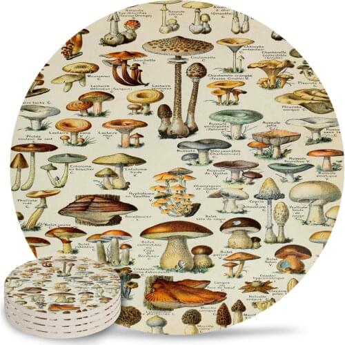 Mushrooms Vintage Illustration Round Coaster Coffee Table Mats Kitchen Table Accessories Absorbent Ceramic Coasters