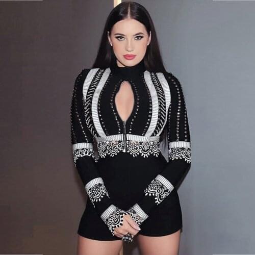 High Quality Studded Two Pieces Set Turtleneck Long Sleeve Mini Keyhole Lace Striped Zipper Bandage Top And Short Pants