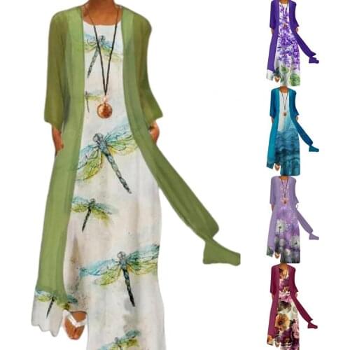 1 Set Cardigan Dress Set Floral Print Long Women Loose Outwear Sleeveless Large Hem Dress Women summer Elegant Dresses Plus Size