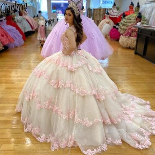 2022 Modest Pink Lace Champagne Tulle Ball gown Quinceanera Dresses V neck Sheer Straps Corset Mexican Charro Vestido de Swee