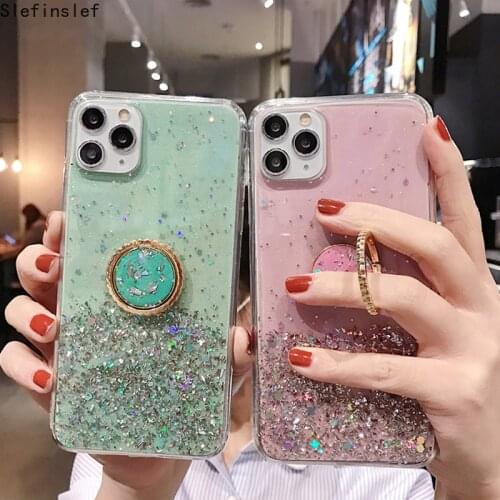 Gold Foil Glitter With Ring Phone Case For iPhone 12 11 Pro XR XS X XS Max 7 8 6 6S Plus Phone Back Cover Clear Phone Soft Shell