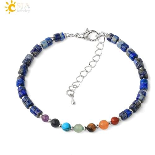 CSJA Mini Wheel Beads Natural Stone Bracelets Round Reiki 7 Chakra Tiny Bead Strand Bracelet for Women Men Adjustable Chain G543