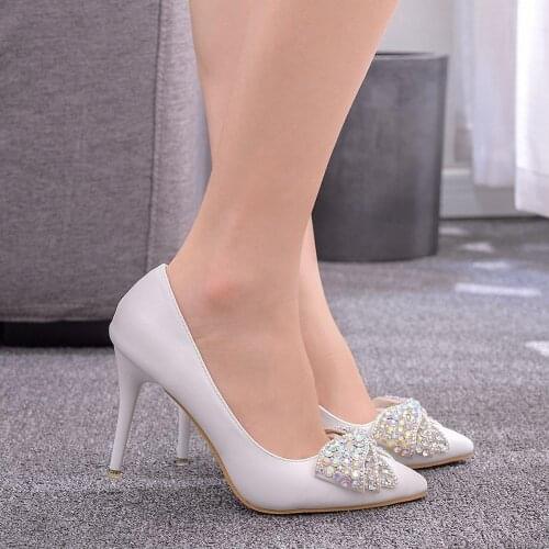 Spring Autumn High Heels Shoes Women White Wedding Shoes Rhinestone Bowknot Thin High Heels Fashion Party Pumps Large Size 43
