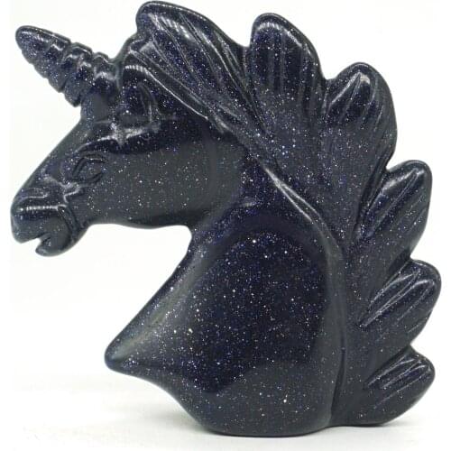 Unicorn Head Skull FigurineBlue Goldstone Sand Healing Energy Animal Carved Crystal Statue Gemstone Home decor 2"