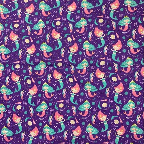 Beautiful Digital Printing Purple Cartoon Mermaid pattern 100% Cotton Fabric Sewing Material Children Fabric Diy Shirt Clothing