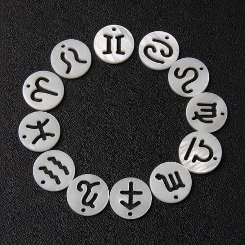 12 Constellation Charms Zodiac Signs Natural Mother of Shell 11mm Round Pendant Beads For Necklace Bracelet DIY Birthday Gifts