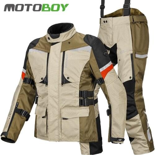 MOTOBOY Mens 600D Oxford Waterproof Windproof Winter Warm Lining 3 Layers Off-Road Reflection Coat Motorcycle Jacket And Pants