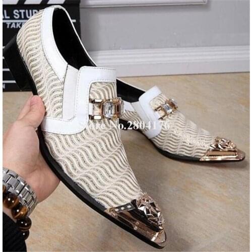 Men New Design Gold Pointed Toe Rhinestone Leather Shoes Western Style Crystal Luxury Formal Dress Shoes Men Wedding Shoes
