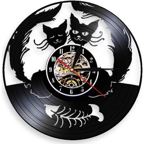 Cat And Fish Bone Vinyl LP Record Wall Clock Kitty Animal Pets Retro Home Decor Kitten Couple Carved Album Music Record Clock