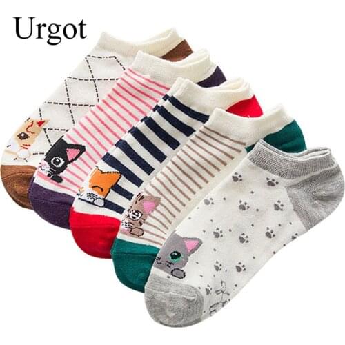 5 Pairs Women Cotton Ankle Socks Soft Comfortable Elasticity Sock Mouth Interesting Cartoon Cat Striped Color Happy Casual Socks
