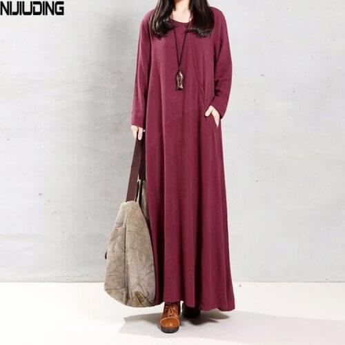 NIJIUDING 2020 Autumn New Straight Solid Casual Long Sleeve Dress Vintage Indie Folk O-Neck Loose Slim High Waist Dresses Female
