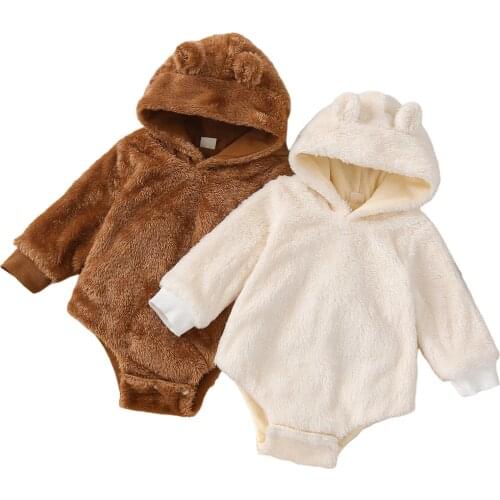 Newborn Baby Girls Boys Solid Color Playsuit, Toddler Cute Hooded Long Sleeve Plush Romper with Ears