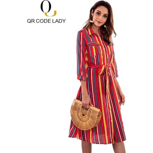 QR Spring Summer Dress For Women 2019 Casual Colorful Striped Office Long Dress Female Sexy Elegant Beach A Line Party Dresses