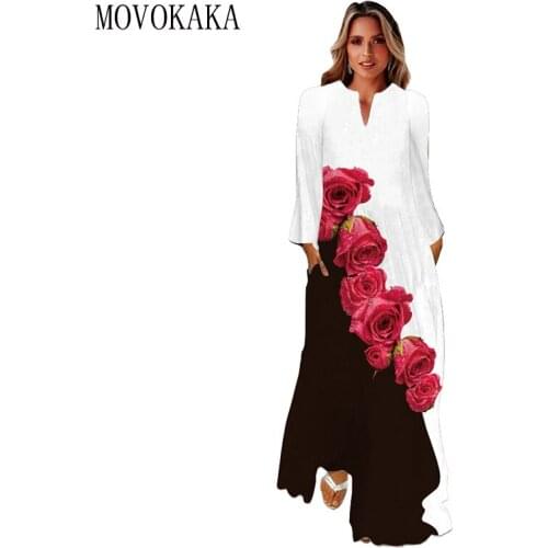 MOVOKAKA 3D Rose Printed Black White Dress 2021 Long Sleeve Beach Casual Breathable Dresses Woman Elegant Girl Autumn Long Dress