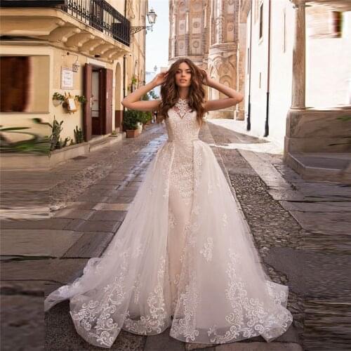2020 Luxurious Mermaid Long Wedding Dresses Natural Slim With Detachable Train Long Two Piece Bridal Gowns Pleated Ruched