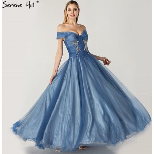 Blue Off Shoulder Sexy Ball Gowns Evening Dresses 2020 Tulle Beading Crystal Sleeveless Evening Gowns Serene Hill LA6678