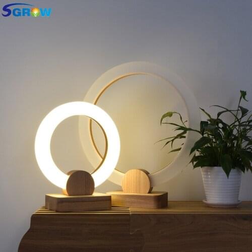 SGROW Nordic Acrylic Ring Table Lamp Light Fixtures Modern Solid Wooden Base Indoor Lighting for Bedroom Dining Room Desk Lights