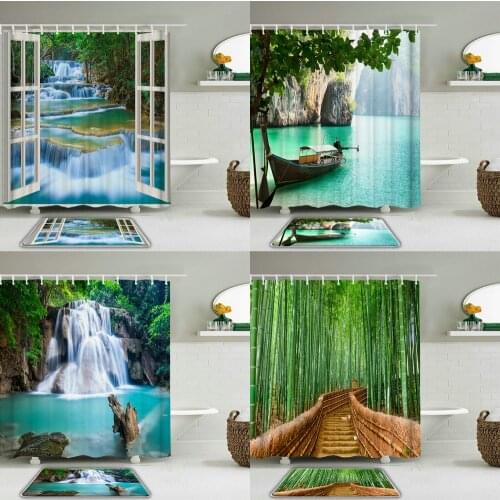 3D Forest Waterfall Scenery Fabric Waterproof Shower Curtain Mat Set Bathroom Curtains Non-Slip Rug Toilet Bath Mat Set