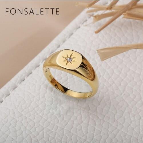 Vintage Star Signet Ring Sterling Silver Retro Square Starburst Ring Gold Minimalist Compass Star Rings for Women Girls Jewelry