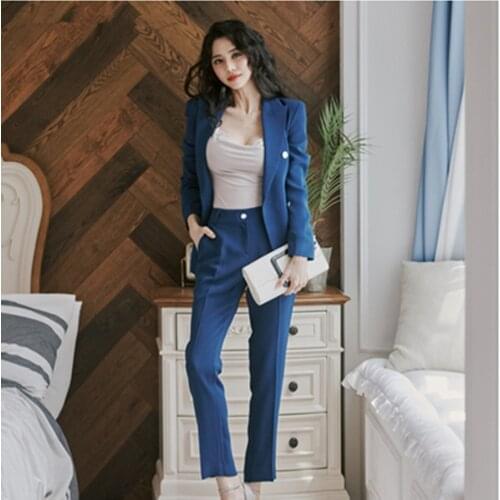 Womens Pants Suits 2020 Autumn Korean Fashion Double Breasted Long Sleeve Coat Tops + High Waist Full Length 2 Pieces Sets XL