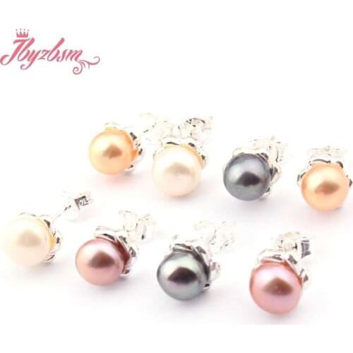 6mm Round Beads Genuine Freshwater Pearl Natural Stone Beads Flower Silver Fashion Studs Earring For Woman Christmas Gift 1 Pair