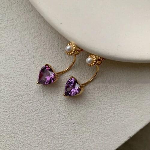 Morivovog Sterling 925 Silver Purple Heart Zircon Pearl Stud Earrings for Women Sweet Temperament Earrings 925 Statement Jewelry