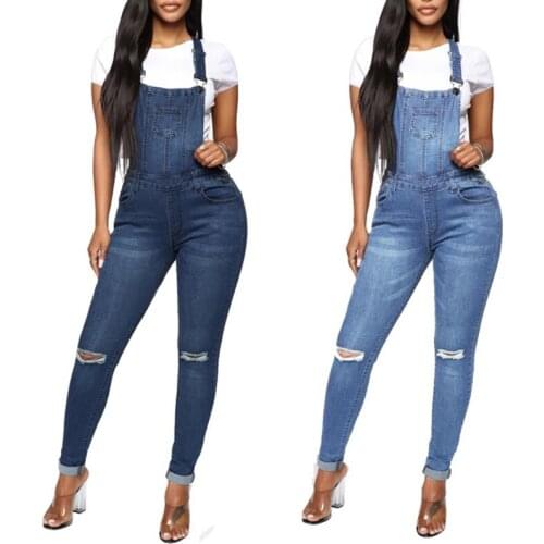 Women One Piece Classic Adjustable Strap Denim Bib Overalls Washed Casual Dungarees Jumpsuit