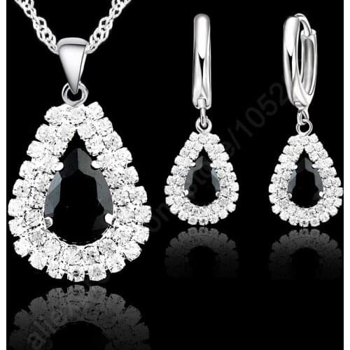 Jewelry Sets Black 925 Sterling Silver Austrian Crystal Necklace Hoop Earring Set Women Wedding Gifts Necklace Lever Back