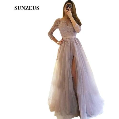 Abito Damigella D'onore Long Tulle Bridesmaid Dresses With 3/4 Sleeves Appliques Lace Party Gowns Low Back Side Slit Sexy Dress