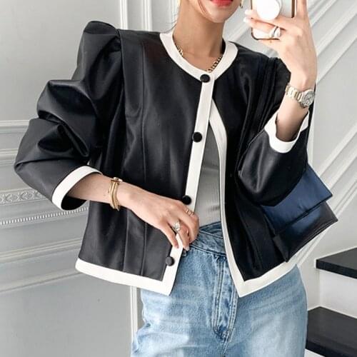 Stylish Chic O-neck Women Faux Leather Coats Spring Ladies Outwear Patchwork Long Sleeve Single-breasted Short Goth Jacket 2021