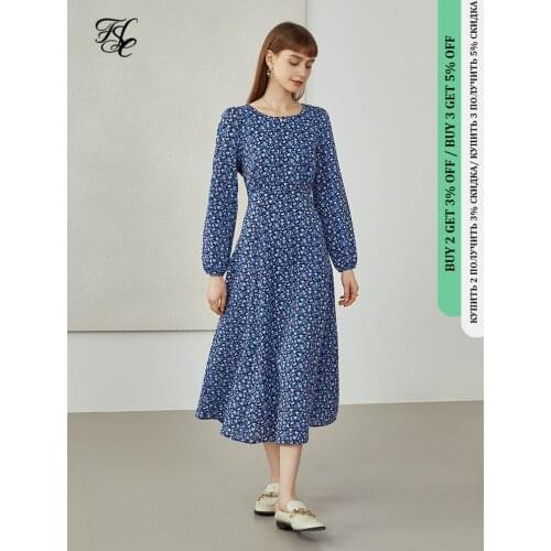 FANSILANEN Office Lady Newly Autumn 2021 Retro Temperament Printed Skirt Women Round Neck Floral Waist Dress Long Sleeve Dress