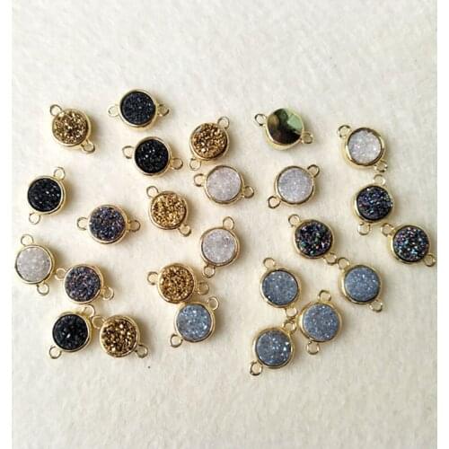 20pcs Gold color round Agat e Druzy Geode Pendant Charms Connector Double Bail DIY Making Bracelet necklace Jewelry CT90