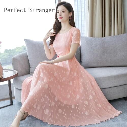 2021 Spring Summer New Arrival Hot Sale Round Collar Solid Color Short Sleeve Women Long Chiffon Dress