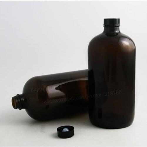 60/lot 1000ml 33oz Borosilicate Dark Amber Standard Boston Round Glass Bottles with Black Phenolic Closure PE Cone Lined Lids