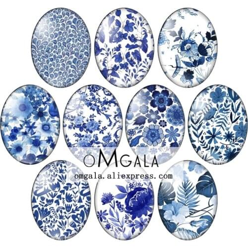 Watercolor blue porcelain flower 10pcs 13x18mm/18x25mm/30x40mm Oval photo glass cabochon demo flat back Making findings