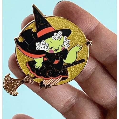 Glisten Full Moon Flying Witch Hard Enamel Pin Funny Cartoon Magic Broom Magic Girl Medal Brooch Cute Unique Halloween Gift