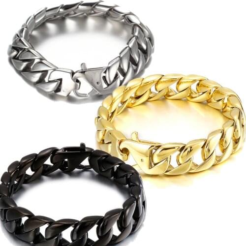 15mm Heavy Polished Black Gold Silver Color 316L Stainless Steel Curb Cuban Link Chain Bracelets Male Jewelry Gift for Men