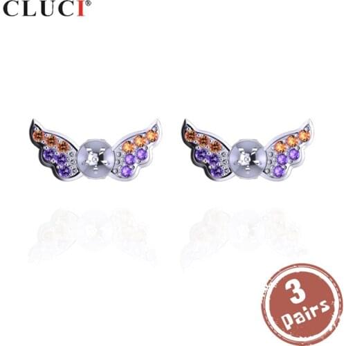 CLUCI 3 pair 925 Sterling Silver Colorful Butterfly Earrings Jewelry Silver 925 Pearl Mounting Women Stud Earrings SE091SB