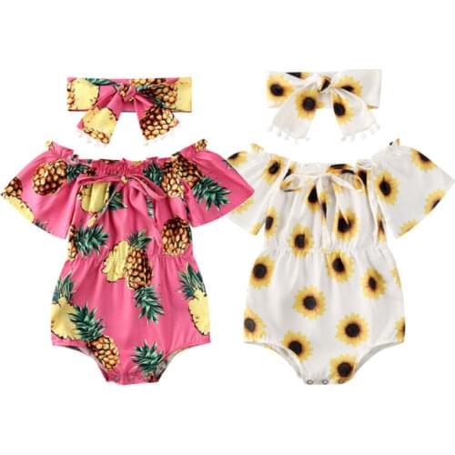 Cute Baby Girl Flowers Sets Newborn Baby Girl Summer Outfits 2Pcs Off Shoulder Bow Romper+Bow Headband Baby Girl Clothes 0-24M