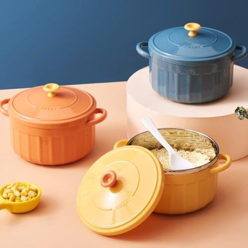 Stainless Steel Ramen Bowl Kitchen Tableware Fruit Salad Mixing Bowls with Handle Kids Students Food Soup Lunch Box